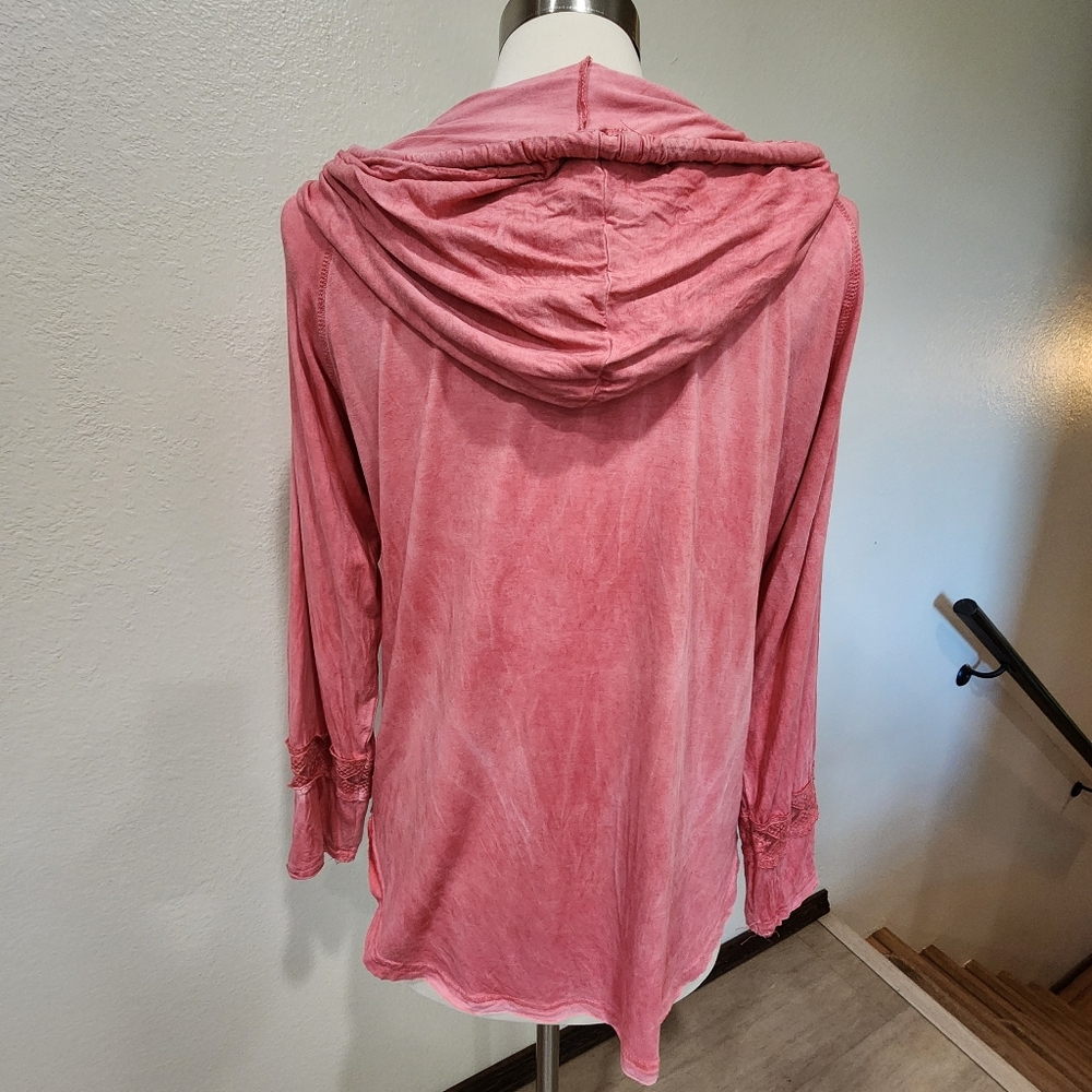 POL Lace Crochet Tunic Hoodie Lightweight Corded Drawstring Coral size Large - Picture 10 of 10